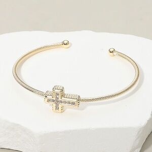 CZ Stone Paved Cross Accent Cuff Bracelet